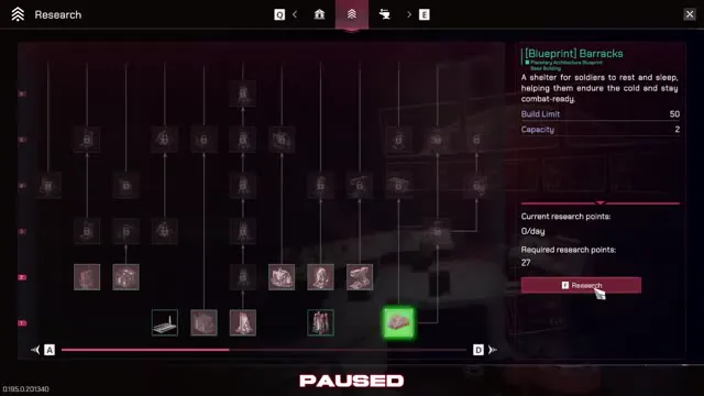The Barracks research panel shows 27 required research points.